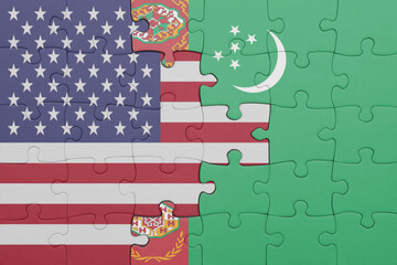 puzzle with the colourful national flag of turkmenistan and flag of united states of america .