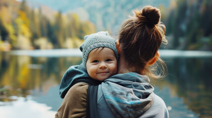 Smiling mother holding adorable toddler child outdoors,  beautiful nature landscape with lake in the background