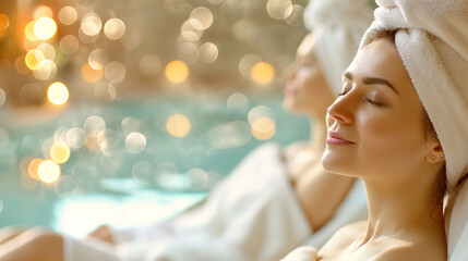 Fototapeta premium Frauen im Wellness Massagebereich draußen mit Sonne am Pool relaxen Generative AI