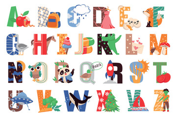 Obraz na płótnie Canvas Set of stickers English alphabet in flat cartoon design. This lovely illustration depicts the English alphabet with colorful letters and the corresponding objects next to them. Vector illustration.