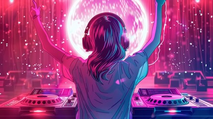 Modern invitation flyers to nightclub, music club, discotheque with cartoon illustration of a woman DJ wearing headphones and dancing with disco ball. - Powered by Adobe