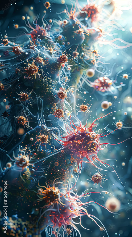 Poster a colorful image of a virus with a blue and pink color scheme. the image is of a cell with a virus i