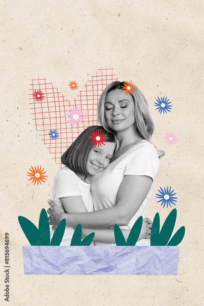 Sticker Creative image poster collage of mother daughter hug together over painting color background