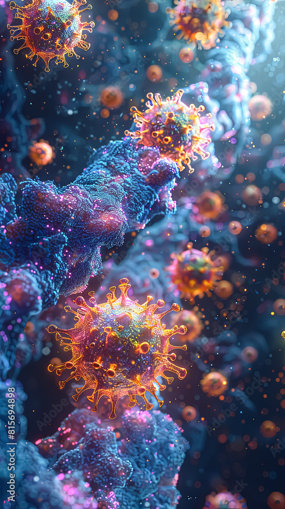 Poster a colorful image of a virus with a blue and pink color scheme. the image is of a cell with a virus i