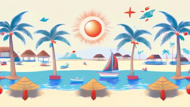 Seamless pattern of a beach with palm trees, boat, hat, sunglasses, and ball