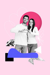 Creative painting poster collage of two people couple make love heart sign on pastel background