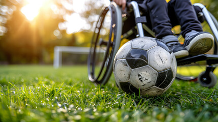 A boy in a wheelchair is smiling and holding a soccer ball. He is surrounded by other children playing soccer