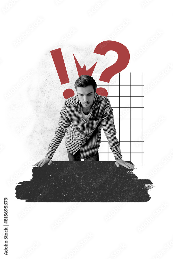 Sticker picture collage image of handsome nice man solving task question isolated on painted background