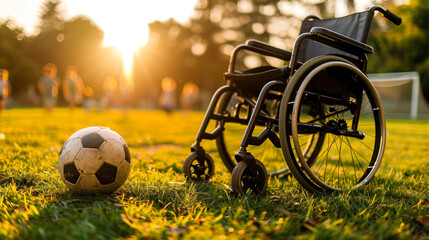 A boy in a wheelchair is smiling and holding a soccer ball. He is surrounded by other children...