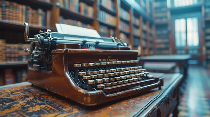 Vintage typewriter in an old library side view focusing on literary history Advanced tone...