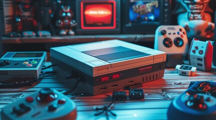 Classic game console in a retro gaming lounge top view displaying gaming heritage Cybernetic tone Analogous Color Scheme
