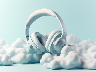 A pair of headphones is floating in a cloud. Concept of freedom and relaxation, as if the headphones are floating in the sky, free from the constraints of the ground