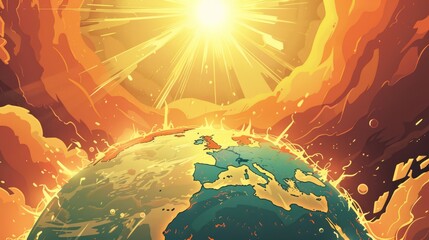 Illustration showing Earth as a fiery globe, with a dramatic increase in temperature and...
