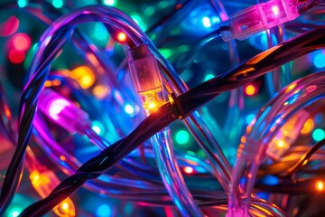 Close-up of intertwining fairy lights emitting a colorful glow
