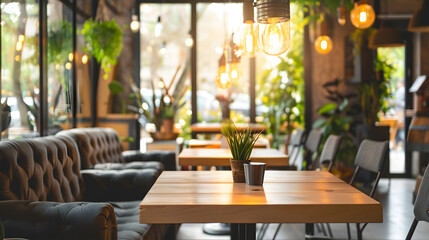 Cozy cafe interior with sofas and tables for quick lunch angle view panorama copy space : Generative AI