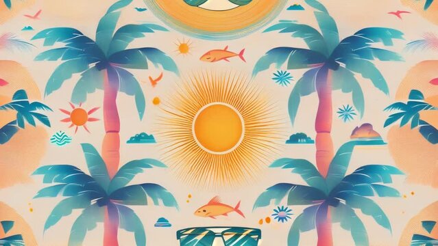 a seamless pattern with hats , palm trees , sun , sunglasses and fish on a white background