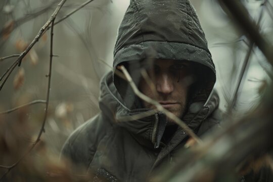 Man in hooded jacket hiding among branches, intense expression, misty and cold atmosphere, concept of stealth and caution of a fugitive