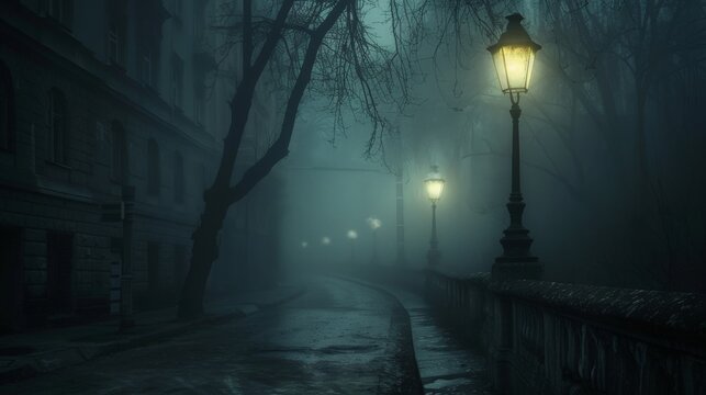 A lone street lamp illuminating a foggy alley, casting eerie shadows