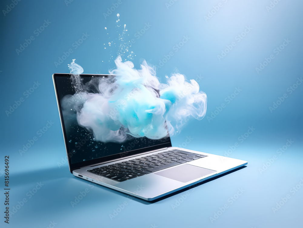 Poster a laptop computer with a blue cloud on the screen. the cloud is surrounded by smoke, giving the impr