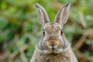 Detailed close-up of a wild rabbit's face with a soft, natural green background