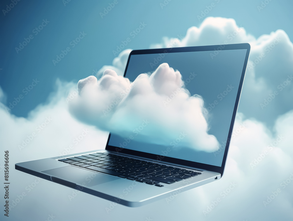 Poster a laptop computer with a blue cloud on the screen. the cloud is surrounded by smoke, giving the impr