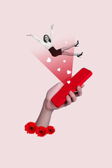 Vertical collage picture smartphone social media blogging receive feedback likes hearts businesswoman popularity increase smm