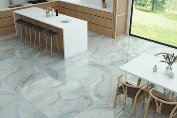 Top view of white kitchen interior with marble floor, wooden table and chairs, green vase above it, window wall to back yard garden, marble countertop, wooden furniture. 3D Illustrations. 3D Rendering