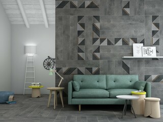 Roof top kids room interior with sofa, wooden coffee tables, grey marble walls and floor, white wooden brick roof, unique leader lamp. 3D Rendering