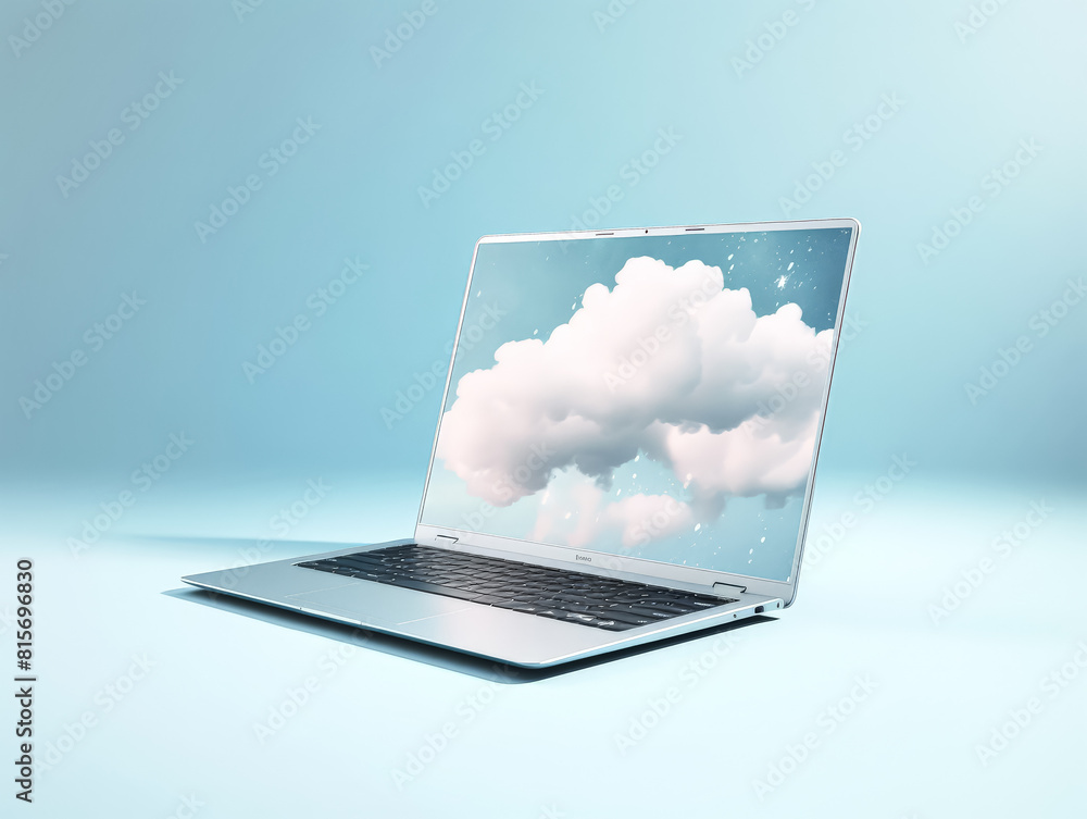 Poster a laptop computer with a blue cloud on the screen. the cloud is surrounded by smoke, giving the impr