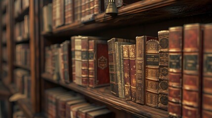 Vintage books with old leather covers on library bookshelves