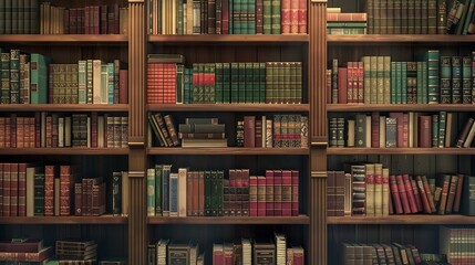 Vintage books with old leather covers on library bookshelves