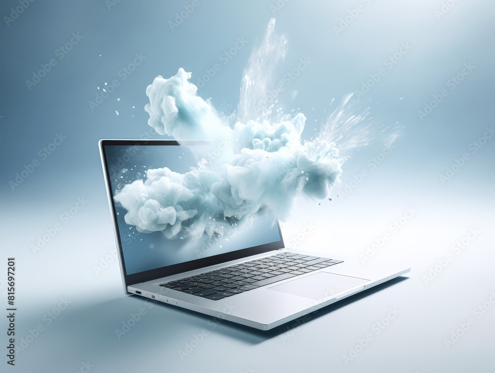 Poster a laptop computer with a blue cloud on the screen. the cloud is surrounded by smoke, giving the impr