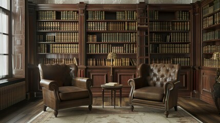 Vintage books with old leather covers on library bookshelves