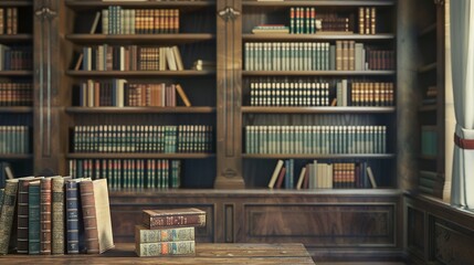 Fototapeta premium Vintage books with old leather covers on library bookshelves