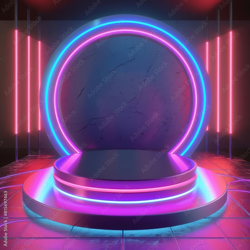 Poster 3d round podium for product showcase of a hyperrealistic vr game simulation