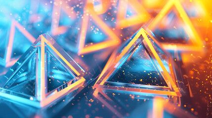 A dynamic array of abstract triangles with a color gradient from frost blue to neon orange