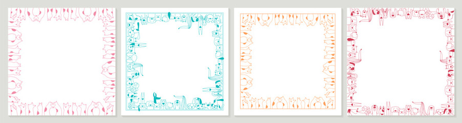Cute cat paws and dog heads frames. Colorful full vector decorations © FourLeafLover