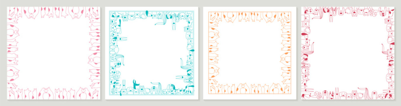 Cute cat paws and dog heads frames. Colorful full vector decorations