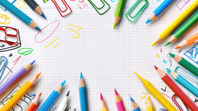 Back to school horizontal banner with school supplies,  pencils doodles on checkered paper background