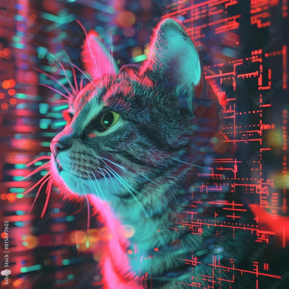 Poster a closeup of a cat with a sharpened banner, displaying a hitech hologram concept with a futuristic c
