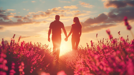 A couple is holding hands in a field of purple flowers. The sun is setting in the background, casting a warm glow over the scene. Scene is romantic and peaceful - Powered by Adobe