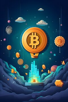 Ilustraci&oacute;n de moneda de bitcoin con fondo oscuro en entorno monta&ntilde;oso. Econom&iacute;a del futuro. Tecnolog&iacute;a futura para la sociedad. 