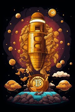 Ilustraci&oacute;n de moneda de bitcoin con fondo oscuro y nubes. Econom&iacute;a del futuro. Tecnolog&iacute;a futura para la sociedad. 