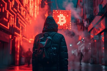Chico vestido de negro en la calle comprando bitcoin. Economía del futuro.