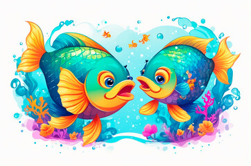 Fish in cartoon style, bright colors, on a white background. Generative AI