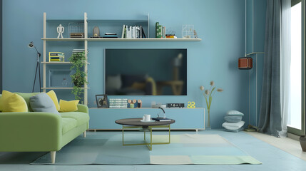 Modern television room blue background bookshelf on the wall furniture green and grey sofa carpet and middle table decoration interior style : Generative AI