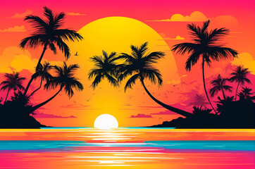 Fototapeta na wymiar Tropical sunset, bright colors, vector graphics. Generative AI
