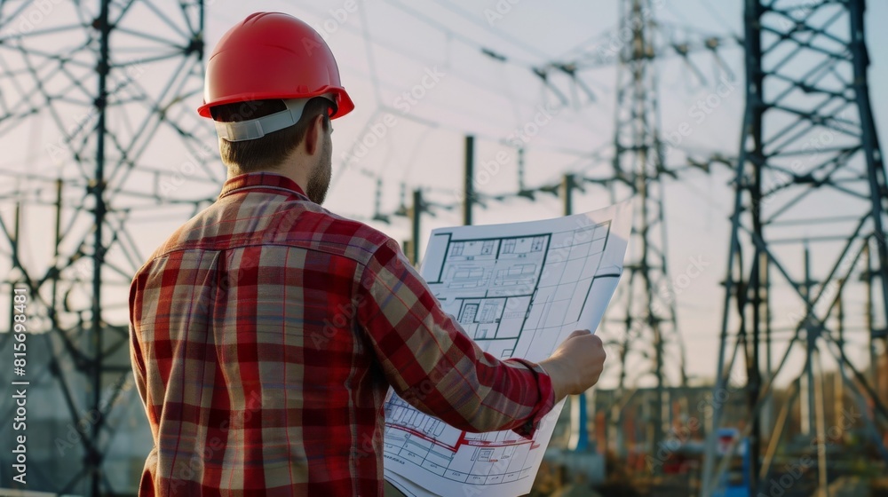 Poster engineer with red hard hat and blueprint, assessing infrastructure under power lines