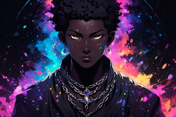 Silhouette portrait of a woman chained by the spirit of emptiness, surrounded by colorful particles. Generative AI