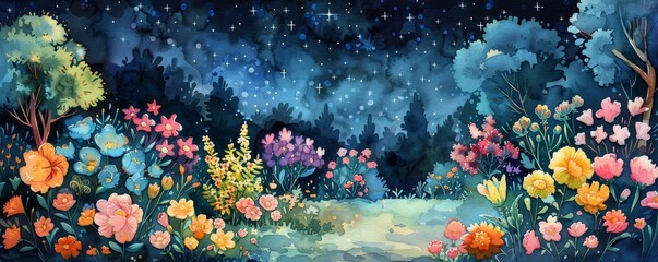 Whimsical night garden in bloom, painted in watercolors, with twinkling stars overhead casting a magical glow, perfect for fantasy illustrations